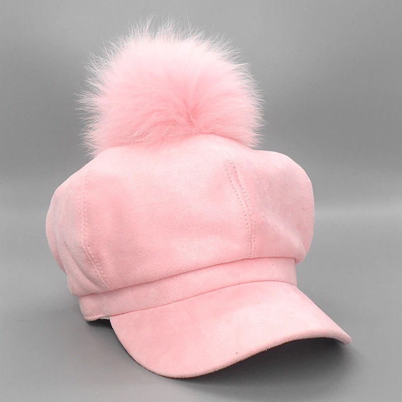 Однотонная замшевая кепка газетчика с лисьим мехом, розовые помпоны, зимняя восьмиугольная шляпа для женщин, роскошная дизайнерская шапочка в стиле ретро, повседневный берет