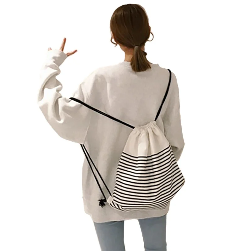 Drawstring Bags Women Stripe Canvas High Capacity Bucket Bag Backpack Shoulder Bag Fashion Casual Women Backpack 2018 New