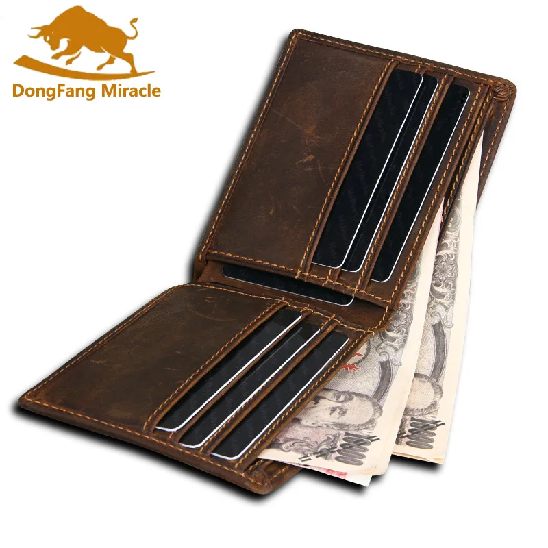 

Genuine Leather Small Mini Ultra-thin Men Wallet RFID Protect Cowhide Crazy Horsehide Card Holder Short Design Purse