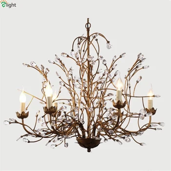 

American Retro Iron Branch Led Pendant Chandeliers Lustre Crystal Dining Room Led Chandelier Lighting Led Hanging Lights Fixture