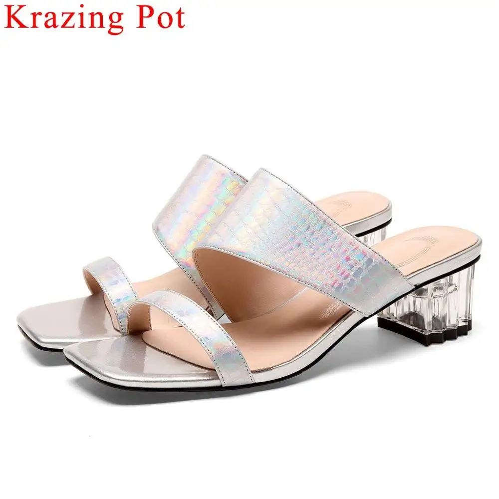 

Krazing Pot natural leather chunky med heels slip on mules peep square toe women sandals high fashion mixed colors shoes L67