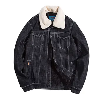 

2017 New Winter Washed Black Fashion Men Woolen Denim Jacket With Fur Collar Oversize Casual Jeans Jacket Velvet Outwear Coat