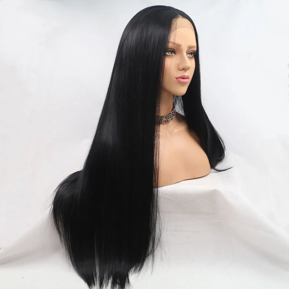 Günstig Marquesha Hitzebeständige Faser Haar Synthetische Perücke Meerjungfrau Schwarz Farbe Silk Gerade Synthetische Spitze Front Perücken für Schwarze Frauen