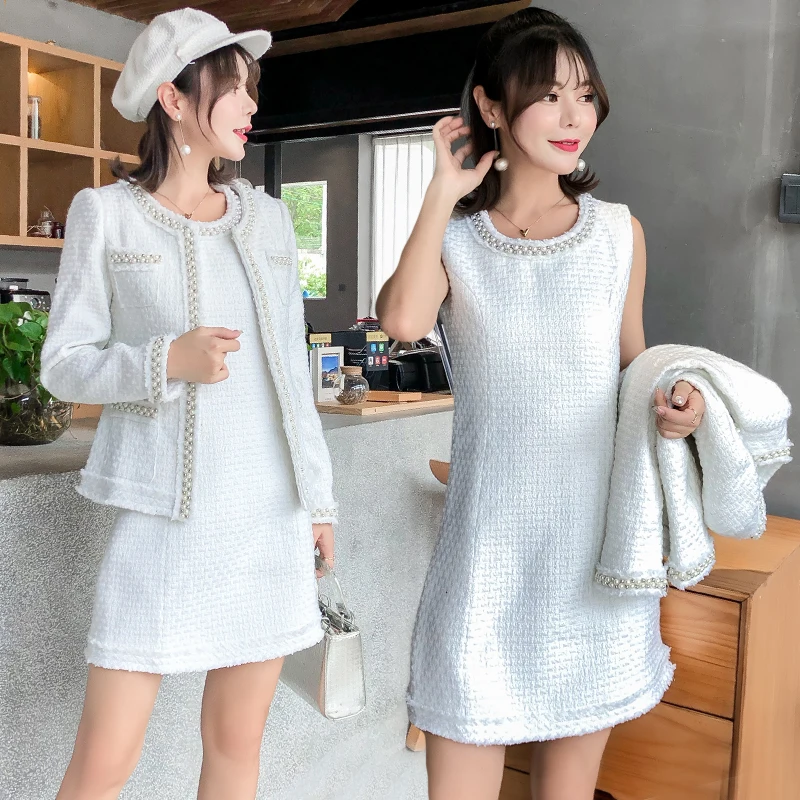 2018 New Autumn Runway Tweed 2 Piece Set Dress Designer Winter Women Beading White Jacket Coat + Mini Tank Wool Blend Suits