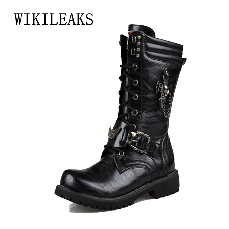 

2019 Mid-Calf Motorcycle Men Boots Leather Metal Decoration Skull Winter Shoes Tactical Combat Boots Safety Shoes Botas Hombre