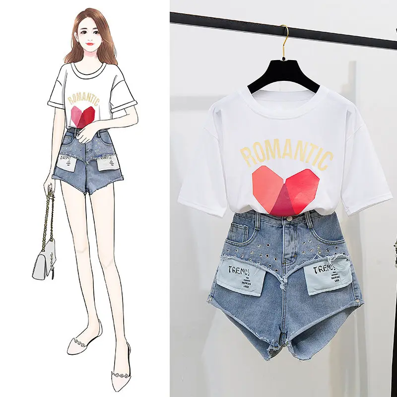 

Women Heart-shaped Letter Print Cotton Tshirts Tops+Short Jeans Set Hollow Out Pocket Denim Shorts 2019 Summer 2PCS Clothes Suit