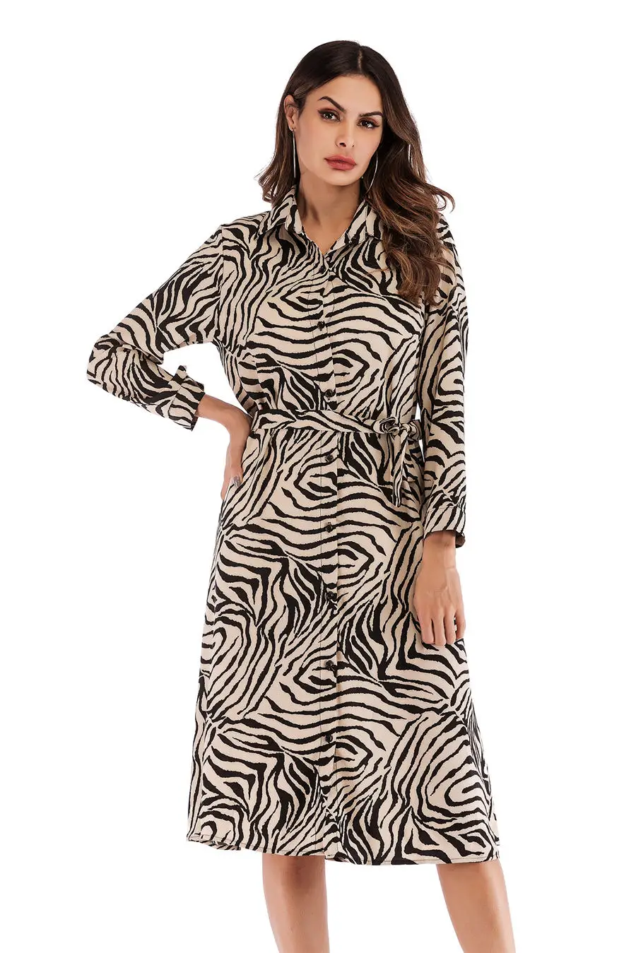 Gladiolus Chiffon Spring Dress Women 34 Sleeve Turn-Down Collar Leopard Print Belt Women Shirt Dress 2019 Autumn Sexy Dresses (53)
