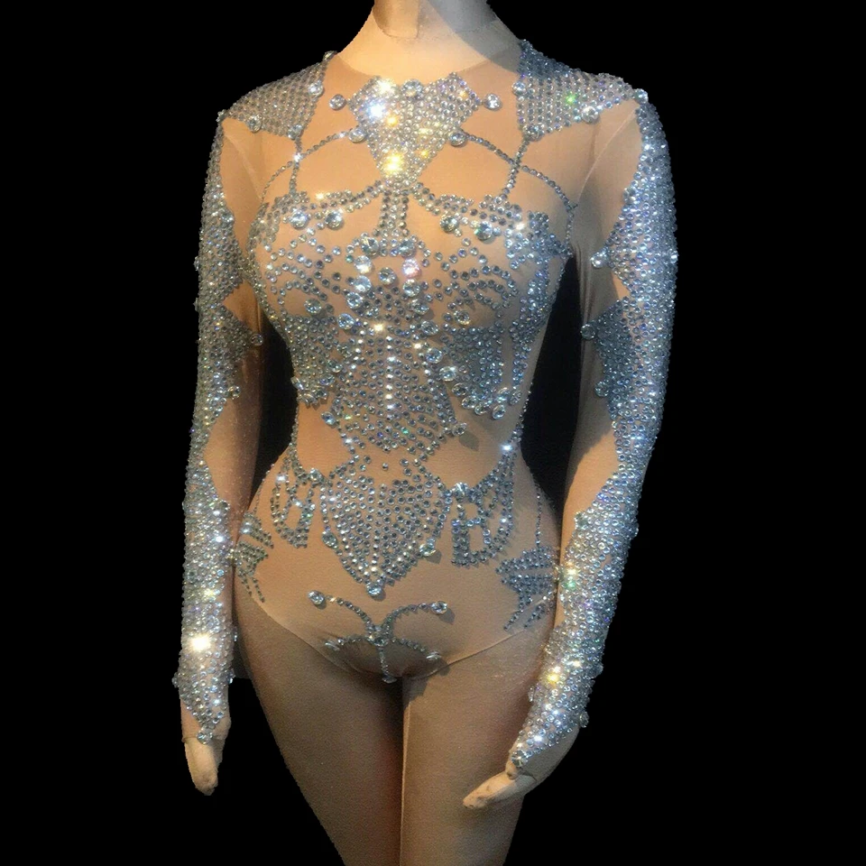 Новая сексуальная блестящая СТРАЗА сетчатый купальник прозрачный эластичный кристалл боди для женщин ночной клуб наряд вывеска