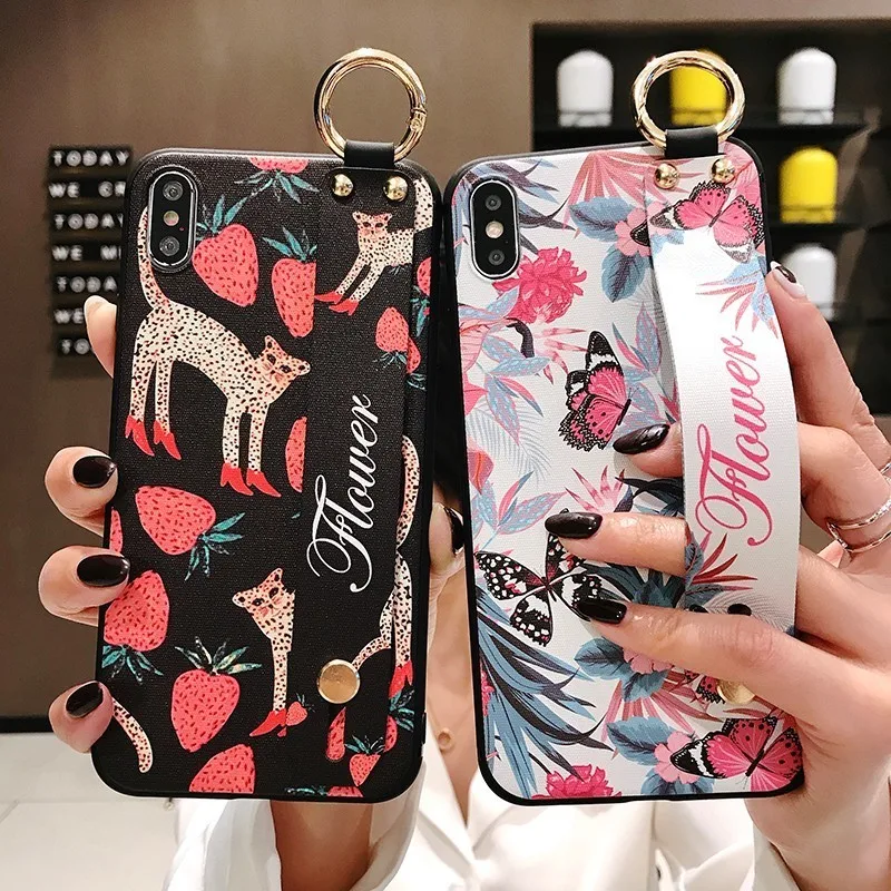 

2019 3D Print Flower Case with Strap Holder for iPhone 6 6S 6 plus 7 8 plus Full Cover TPU Case for iPhone XS MAX X XR XS Funda
