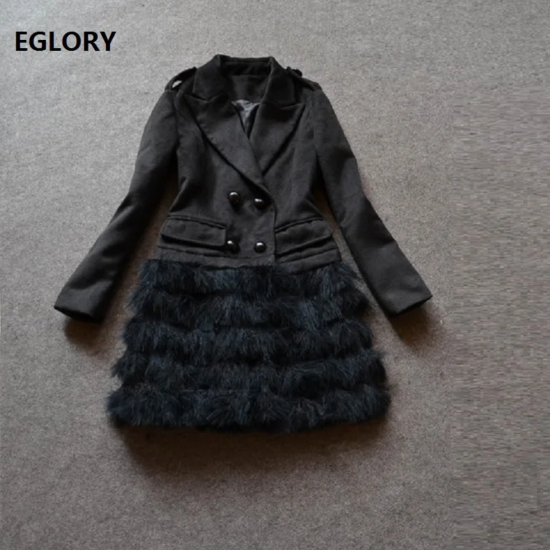 

New Arrival 2018 Autumn Winter Wool Coat Warm Outerwear Women Feather Patchwork Double Breasted Casual Thick Wool Blend Coat