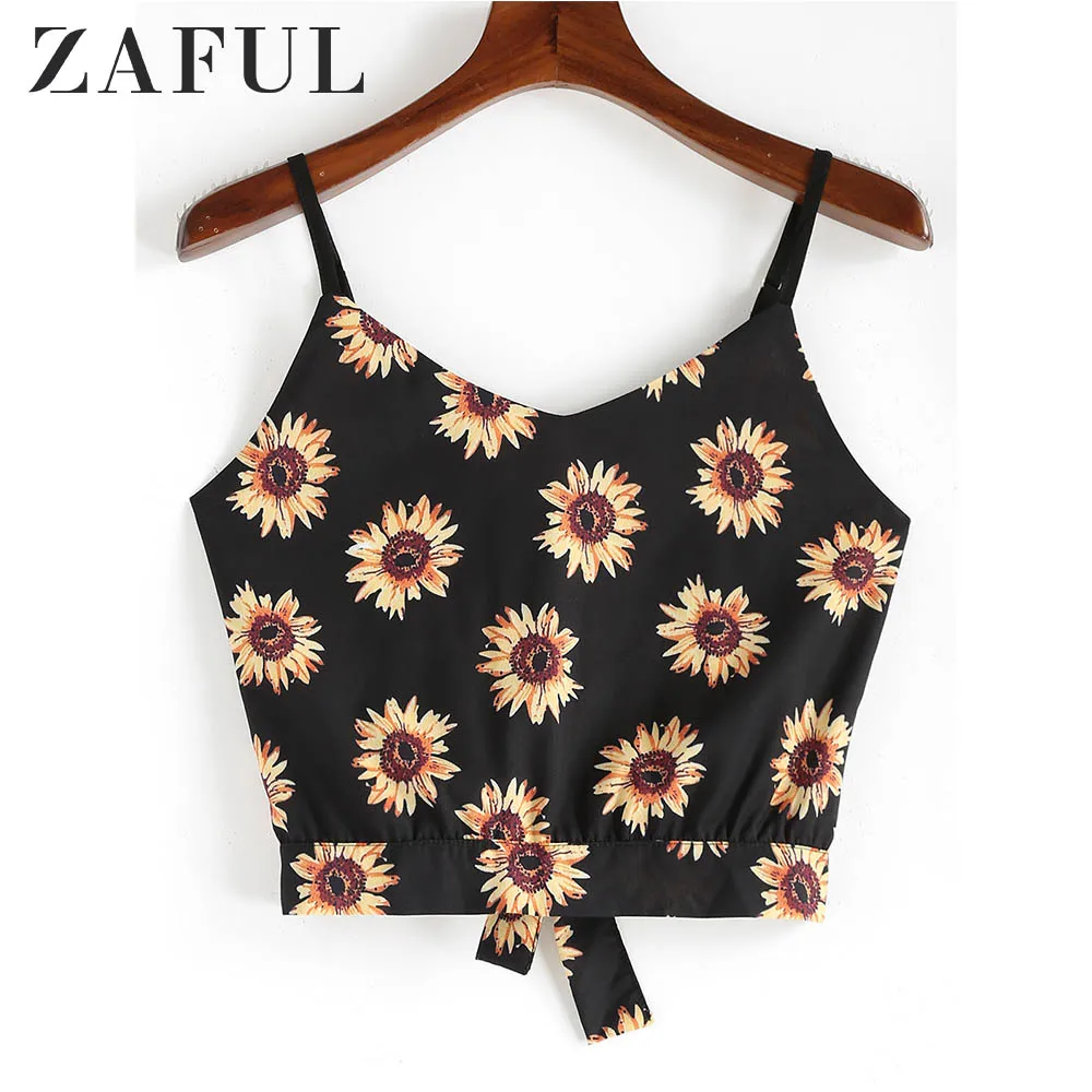 

ZAFUL Camis Women Sunflower Knotted Cami Top Summer Spaghetti Strap Short Top Tie V-Neck Streetwear Chic Cropped Top 2019