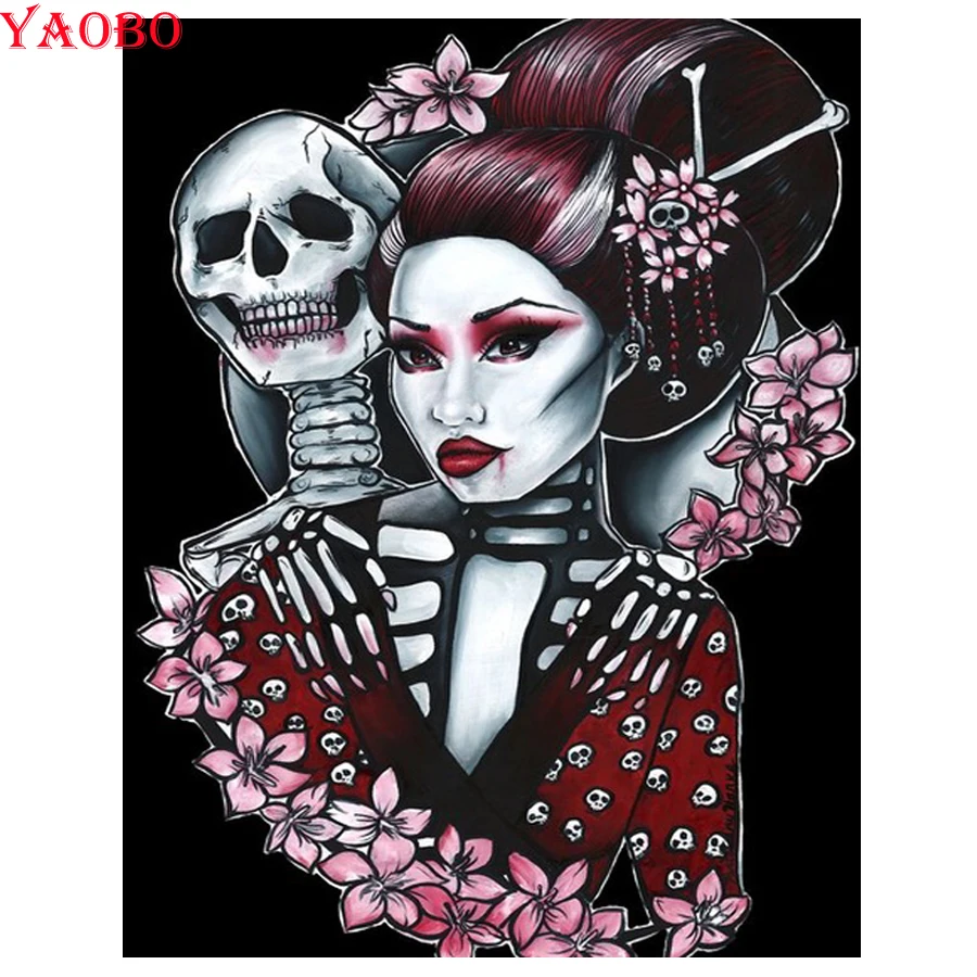 buy Japanese woman 5D Diy Diamond Painting Cross Stitch Halloween horror skull Embroidery diamond Painting by numbers Wall Sticker
