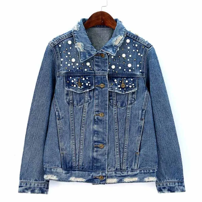 

Denim Jackets Women High quality Autumn Winter Short Outerwear Plus size XL-4XL Beading Hole Jeans Coats Female Casual Tops G235