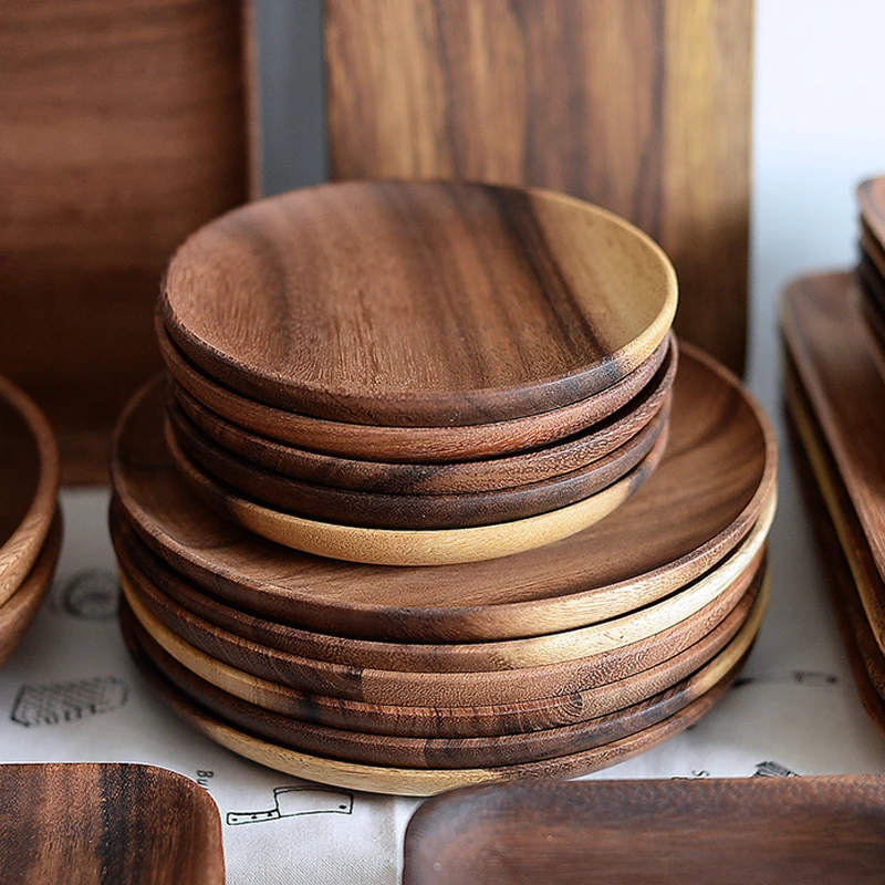 Round Wooden Plates High Quality Acacia Wood Serving Tray Cake Dishes Tableware Plate for Dessert Salad 2 Sizes Wood Utensils
