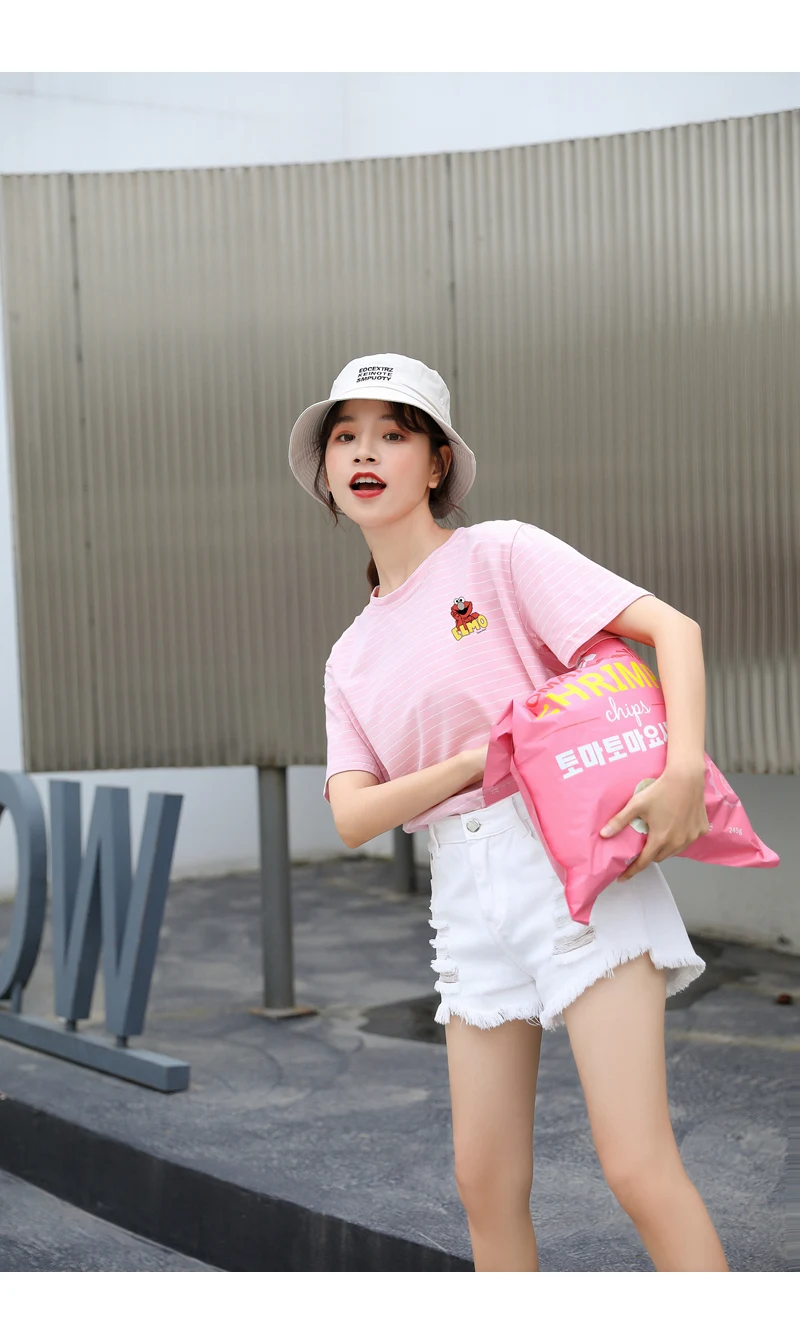 Sesame Street Elmo T Shirt Women Casual Harajuku Kawaii Cartoon Print Tshirt Loose Streetwear Tumblr Ulzzang Cotton Striped Tops (14)