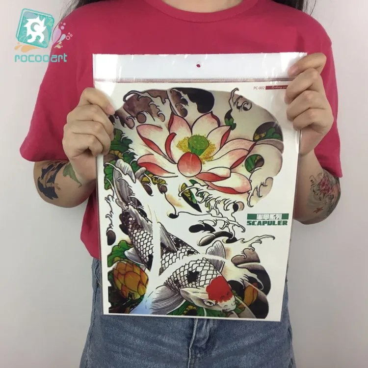 

Large Fish Tattoo Stickers New Lotus Buddha Design Waterproof Temporary Flash Tattoos Full Back Chest Body Art Tattoo 32*24cm