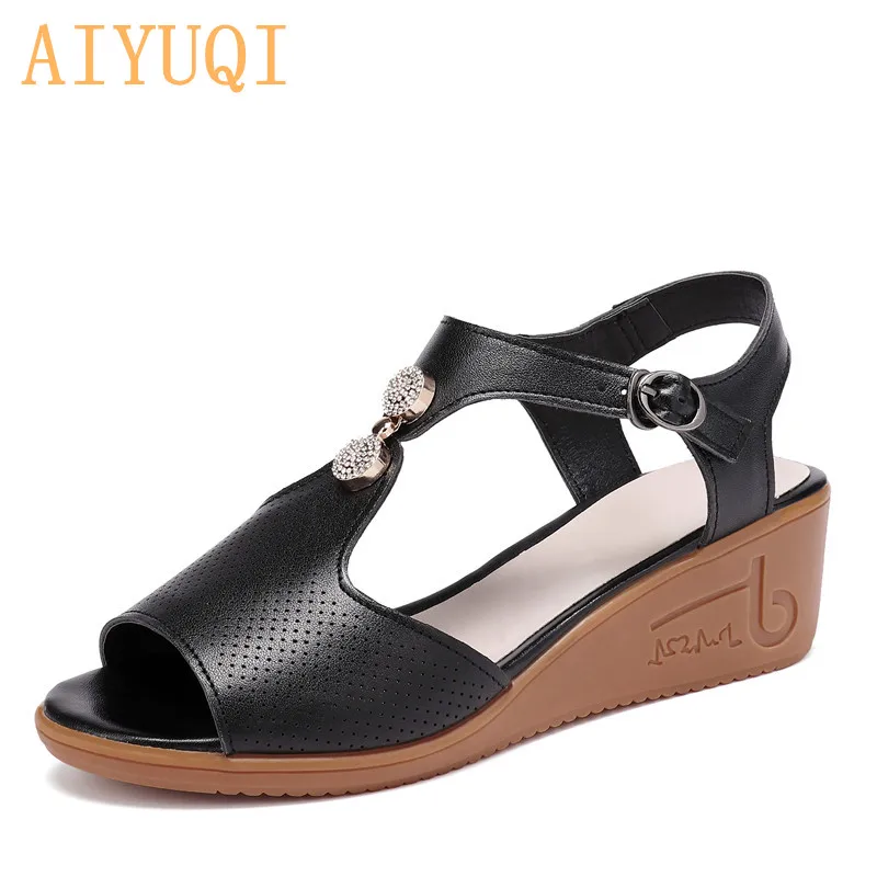 

AIYUQI Gladiator sandals women genuine leather 2019 new women sandals wedge peep toe casual large size women shoes Mom footwear