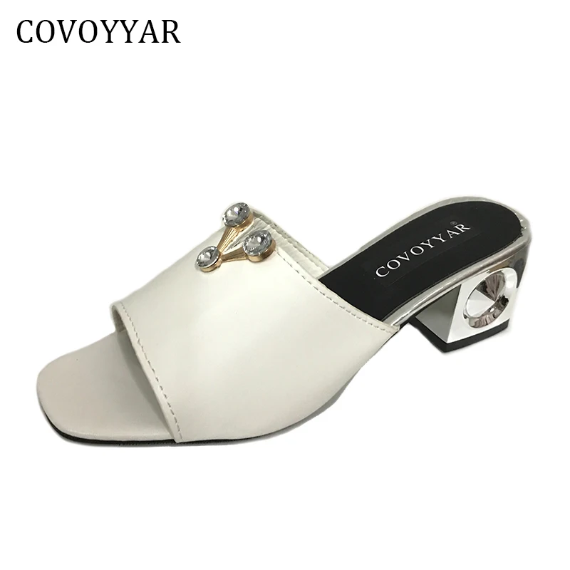 2017 White Women Slides Sandals Fashion Rhinestone Open Toe Thick Heel