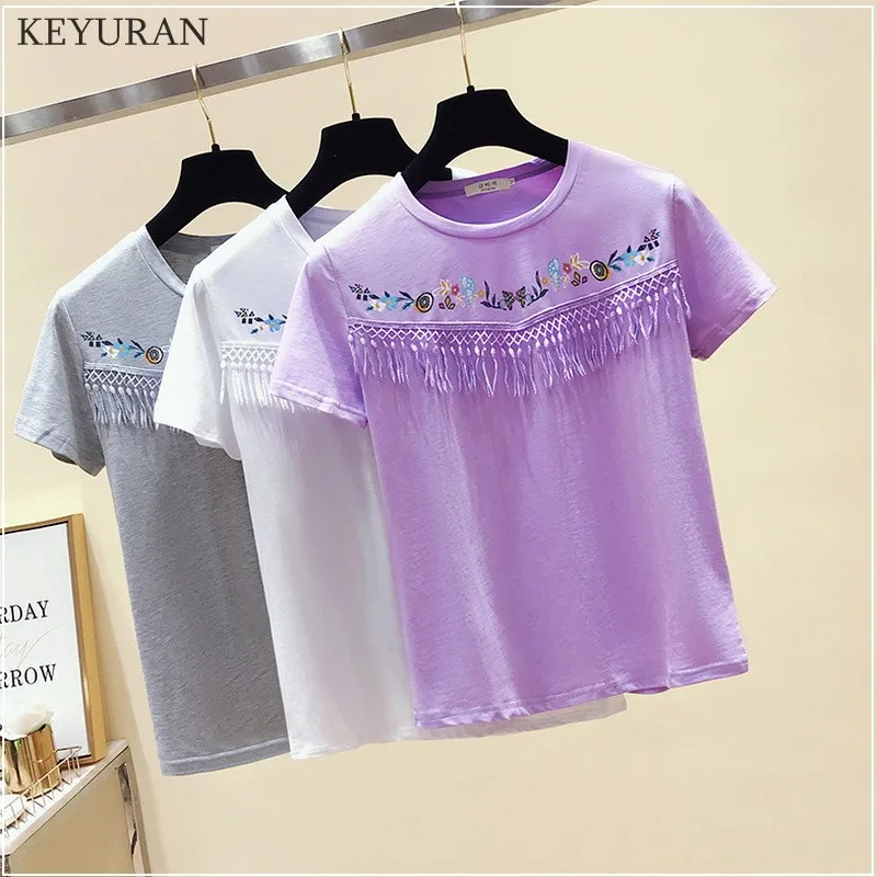 Female Summer O-neck Flower Embroidery Fringed T shirt Women's Short Sleeved Loose Cotton Tees Tassel Tops L3229 | Женская одежда