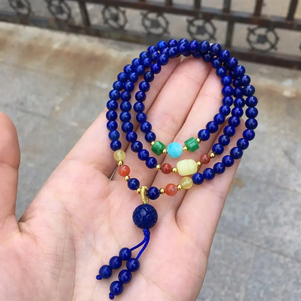 

Lapis Lazuli Fine Jewelry Ntural Blue Lapis Gemstone Bracelets for women 5.5mm 26.95g multi-layers Fine Female Hologram Bracelet