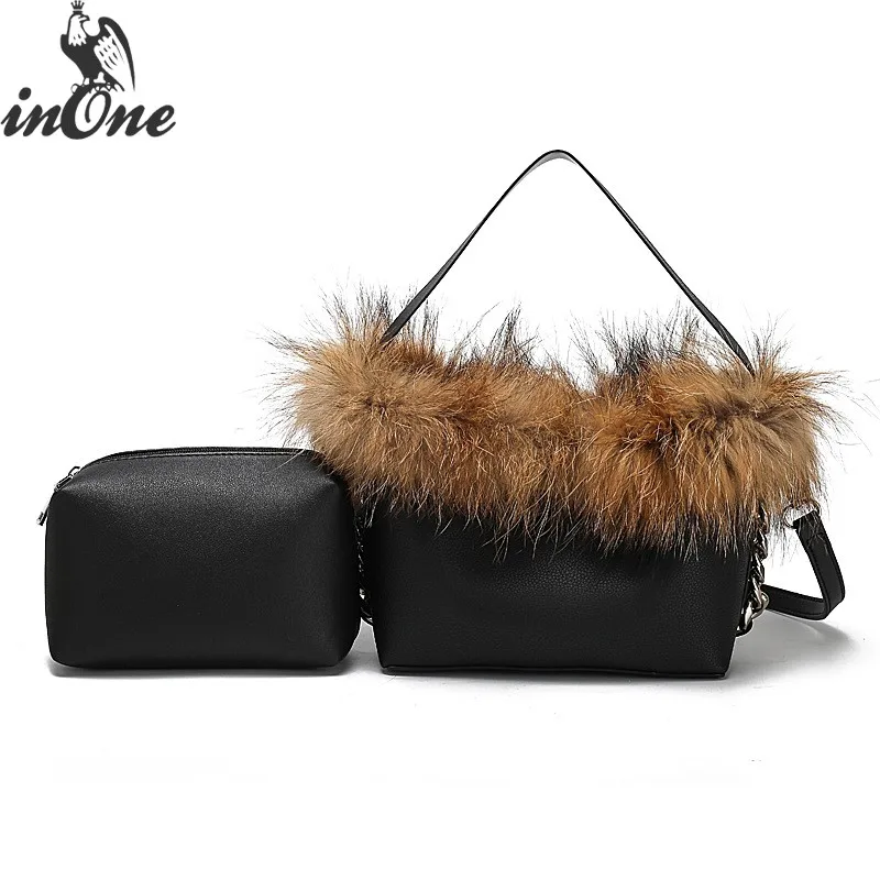 

INONE Ladies Hand Bags Removable Fur Collar Bucket Shoulder Crossbody Bags for Women 2019 Set Bag Tote Multi Functions Handbags