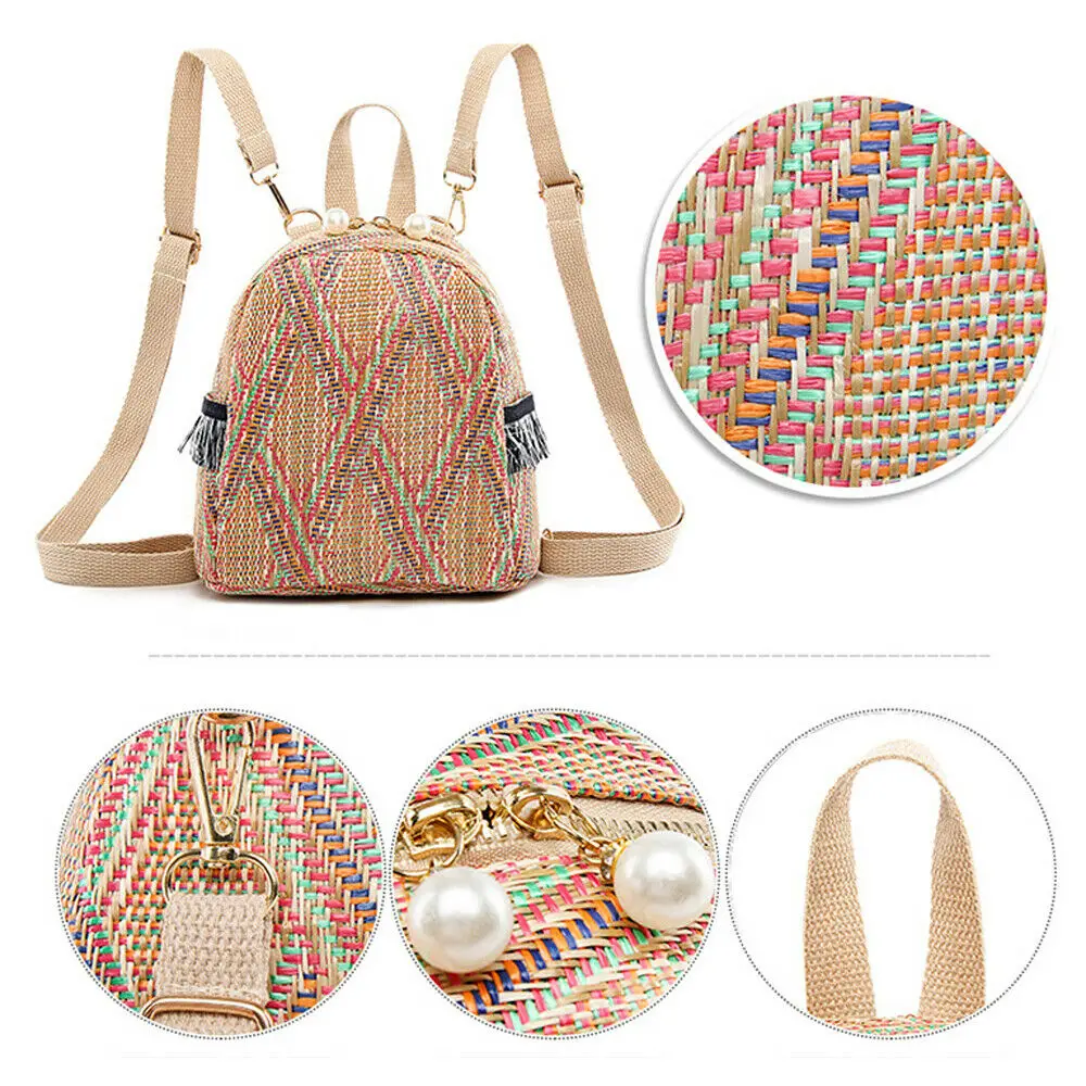 Новинка, плетеная Солома для девочек, рюкзак, летняя пляжная сумка, сумка-мессенджер, национальная полосатая, бохо, жемчужная, милая, портативная