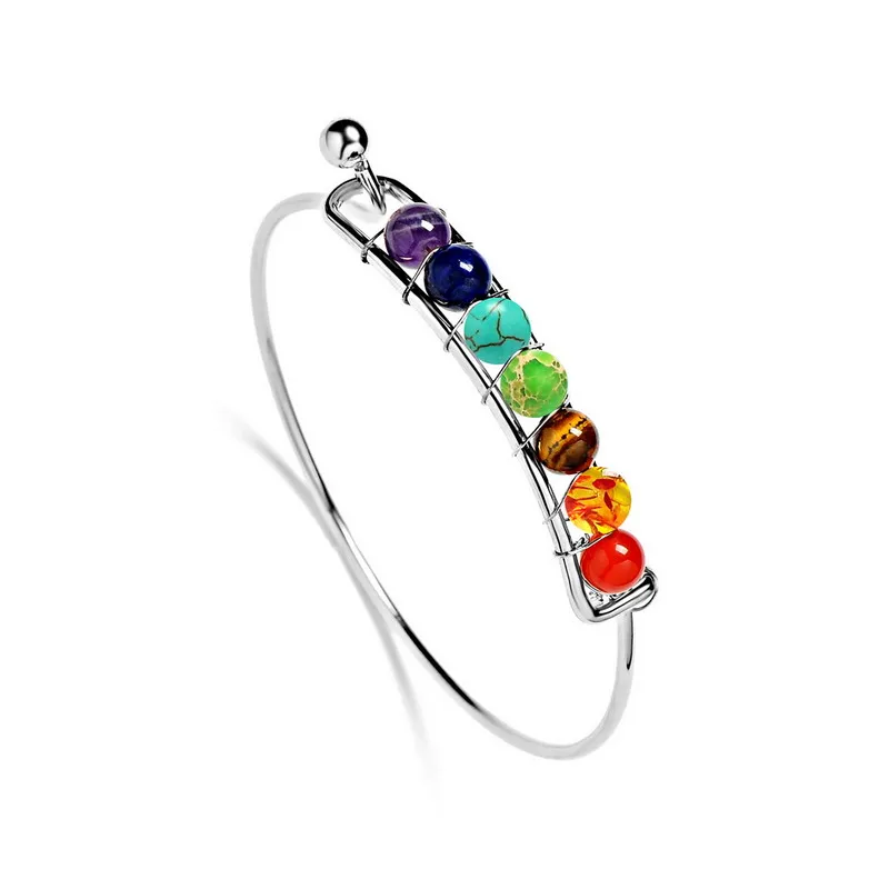 

Boho Charm Silver Bangles Natural Stones Beads Bracelet 7 Chakra Healing Balance Bracelets Bangles Jewelry For Women Gifts