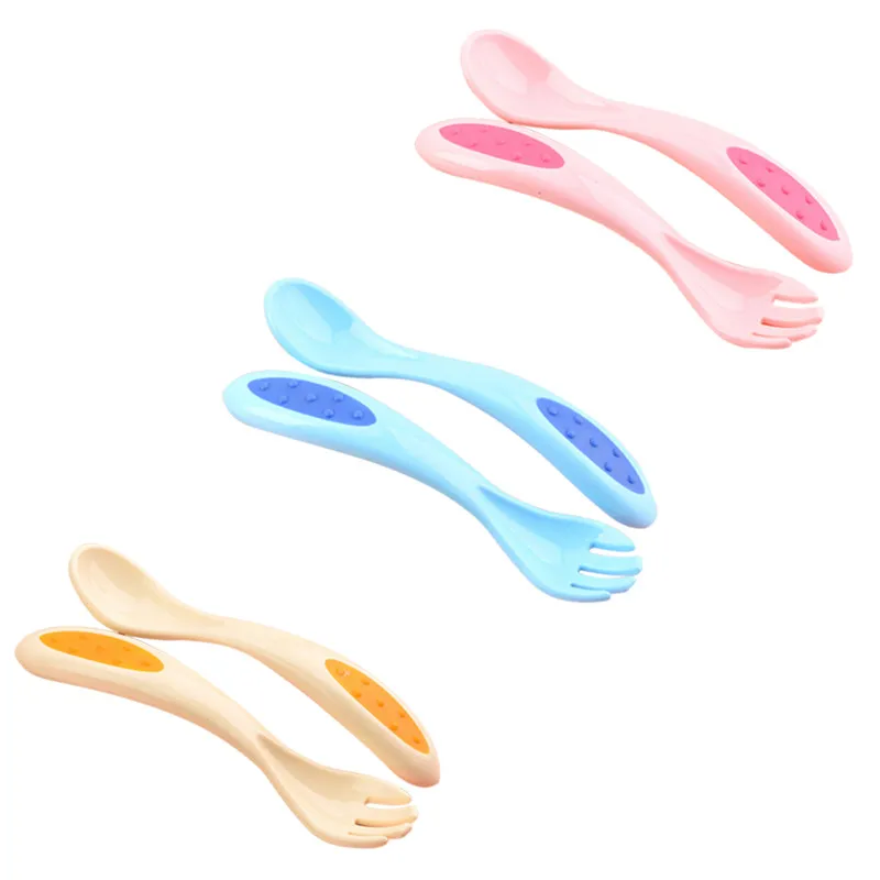 

Baby Eating Training Spoon + Fork Tableware with Silicone Non-slip Handle Children's Cartoon Combination Dinnerware Set