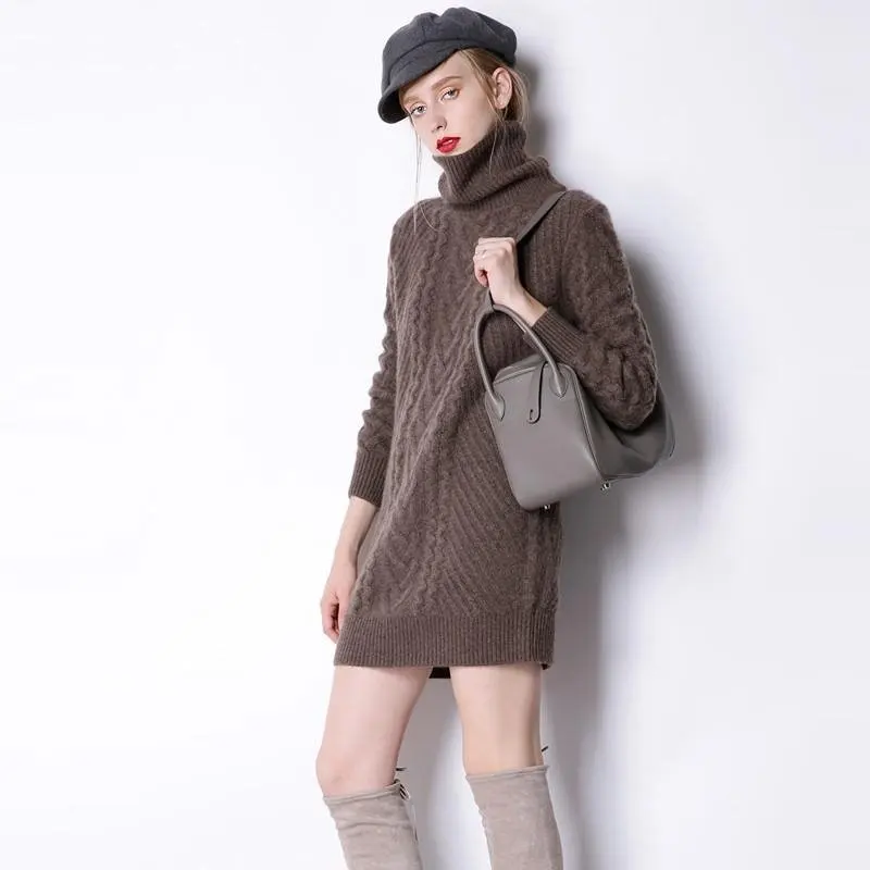 LHZSYY Winter New High Collar Thick Cashmere Sweater Fashion Solid color Twist flowers Women Sweaters Long high quality pullover