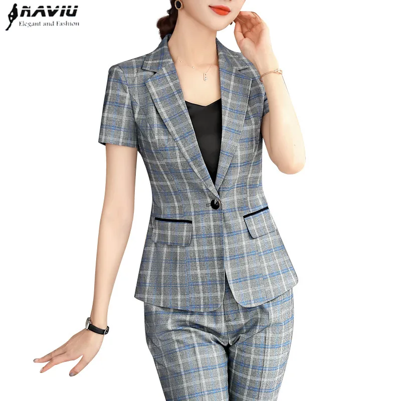 

New fashion two pieces set summer clothes for elegant women pant suits plaid blazer and slim pants office suits formal workwear