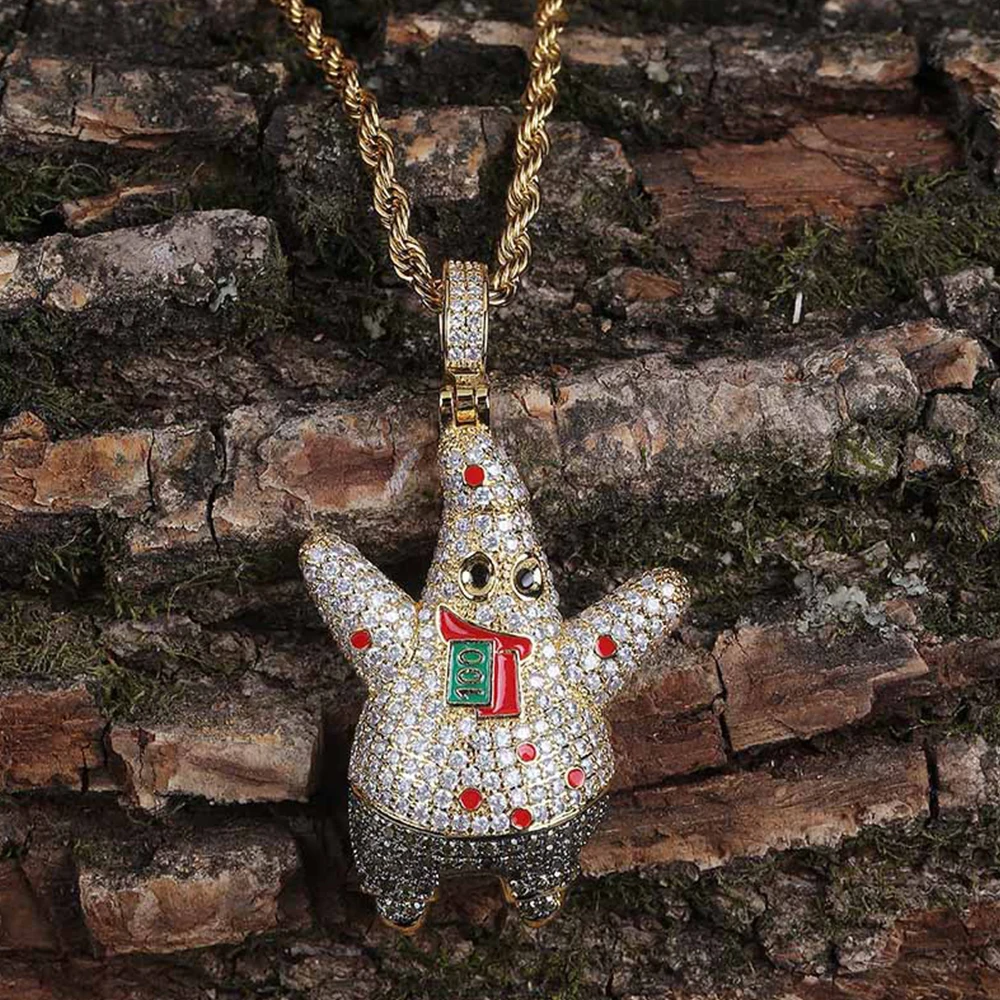 

New Iced Out CZ SpongeBob SquarePants Patrick Star Pendant Hip Hop Jewellery Fashion Cubic Zircon Necklace For Men Women Gift