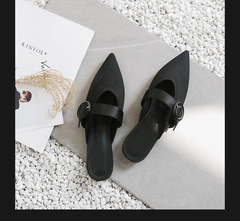 Г., Летняя трикотажная обувь женские шлепанцы на низком квадратном каблуке женские сандалии-шлепанцы с острым носком E762
