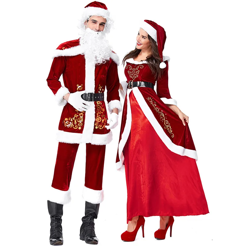 Год Рождество Санта Клаус шапка костюм для косплея платье роскошный бархат белая борода парик Полный комплект взрослых женщин мужчин Рождественская одежда