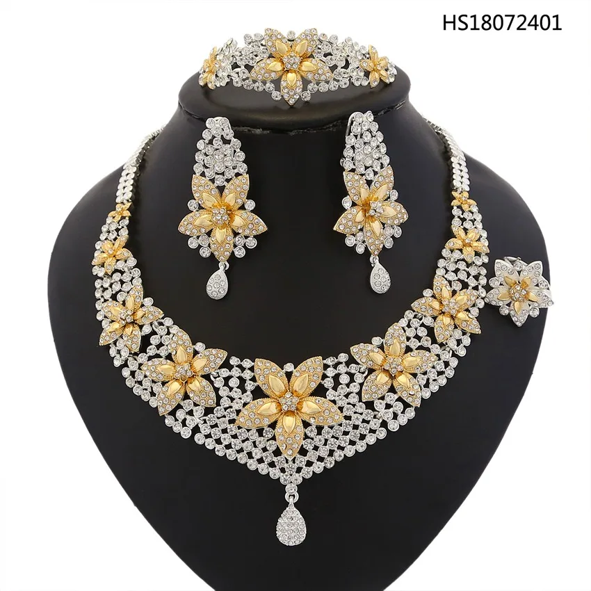 

YULAILI Free Shipping Golden Plated Round Opal Stone Zinc Alloy Jewelry Set for Women Luxury Wedding Bridal