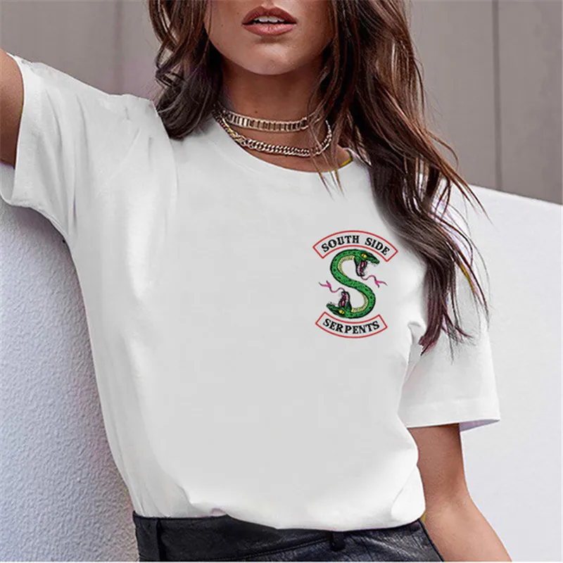 Lei SAGLY "South Side serpents" Для женщин Летняя футболка с короткими рукавами, женская белая Повседневное под змеиную кожу; ривердейл Футболки Уличная футболка
