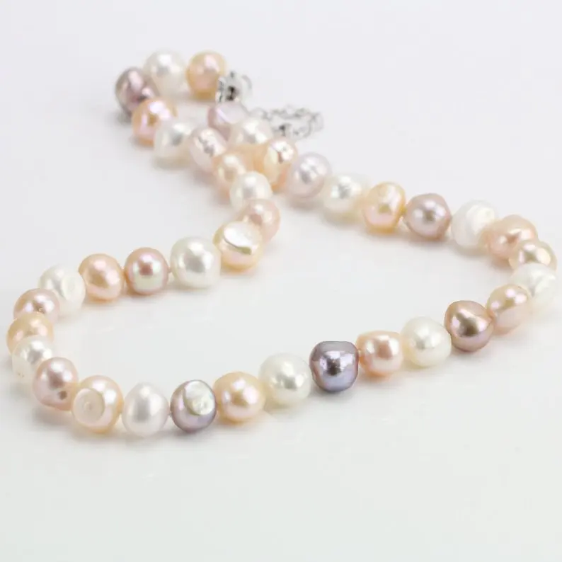

Unique Pearls jewellery Store,Baroque Pearl Necklace,10mm Multicolor Irregular Nugget Pearl Knotted Necklace,Women Gift Jewelry