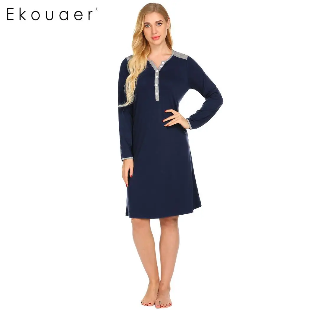 Ekouaer, женская ночная рубашка, сорочка, ночная рубашка, повседневная, с длинным рукавом, из кусков, для кормления, для беременных, ночная рубашка, весна, осень, пижама - Цвет: NB