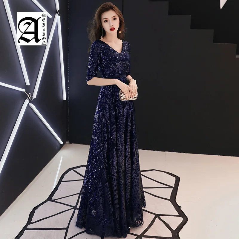 

Blue Sequined Evening Dress New Fashion Half Sleeve Sexy 2019 A-line Prom Party Dresses Haute Couture