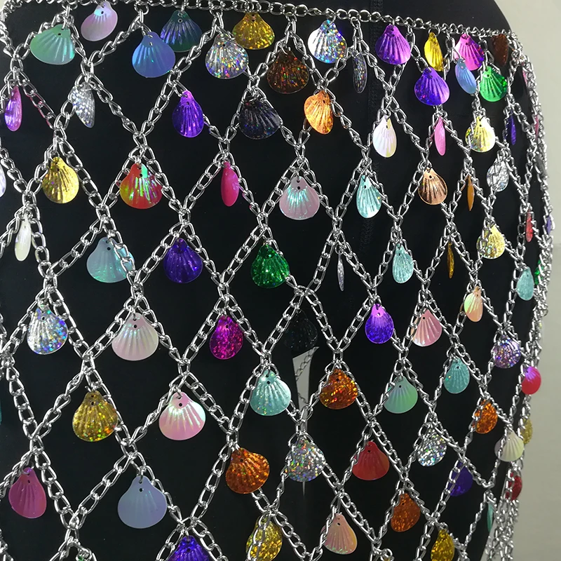 Sexy club Skirt Metal Chain Glitter shell Skirt Women High Waist Hollow Out Sequin Mini Party Skirt Female 2019 Festive costume Sexy club Skirt Metal Chain Glitter shell Skirt Women High Waist Hollow Out Sequin Mini Party Skirt Female 2019 Festive costume