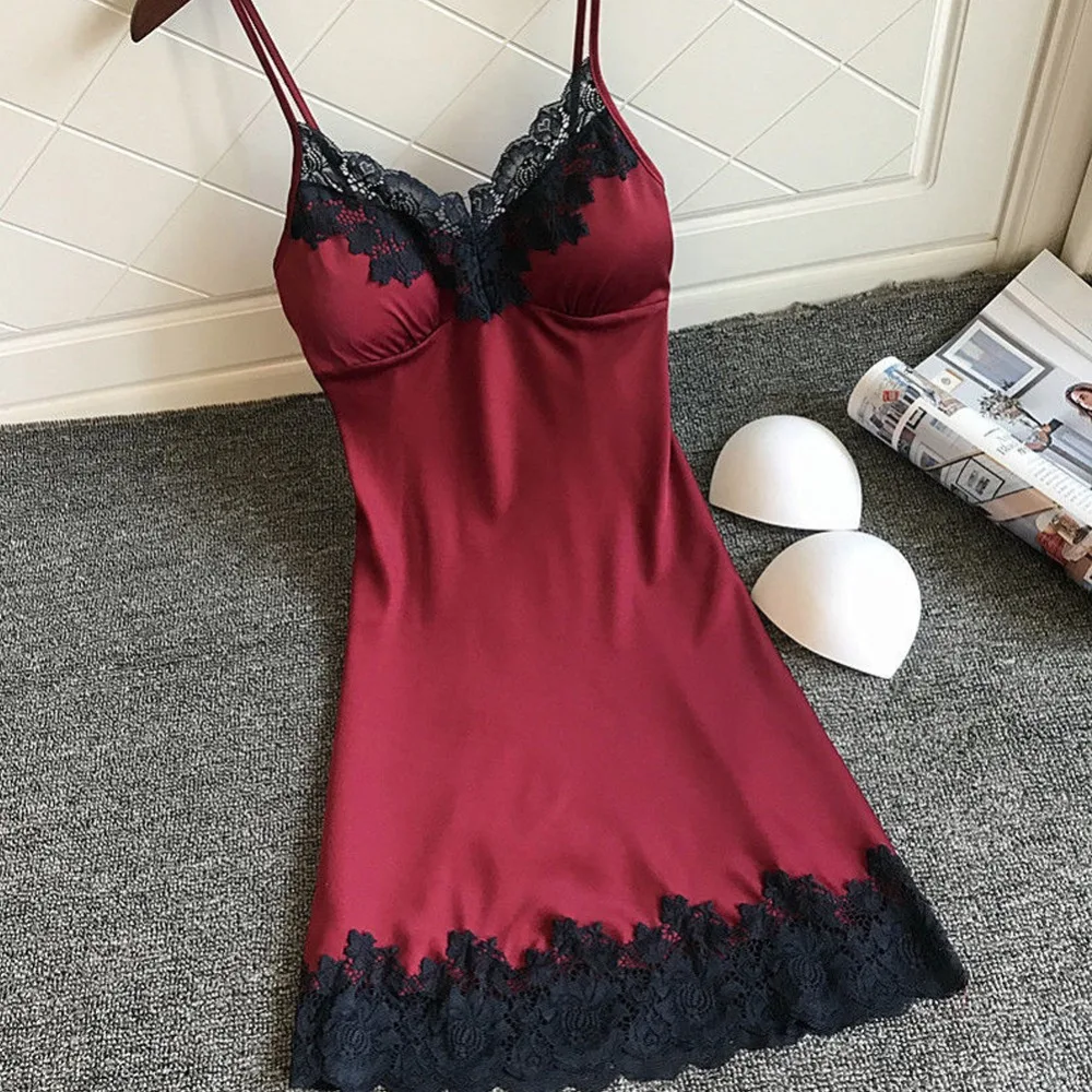

Dress Satin Sleepwear Women Ladies Nightwear Nightdress Sexy vestdios with Chest Pads FemmeDe Nuit Camis ola Da Mulher Da Noite