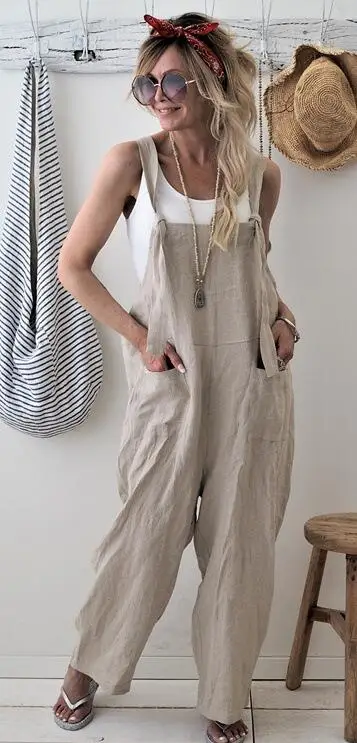 Women's jumpsuit loose casual large size XL linen cotton jumpsuit pants 5 colors choice - Color: Khaki