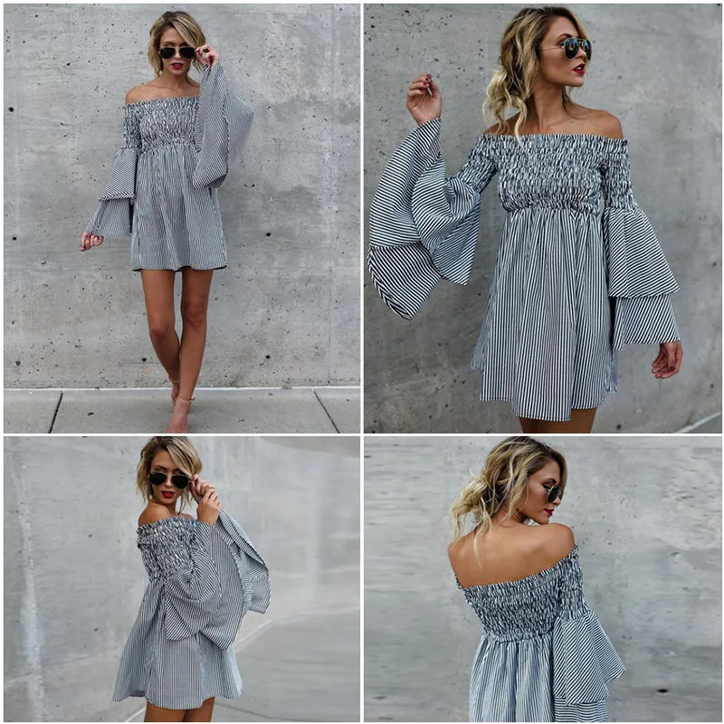 Off Shoulder Women Dress Striped Flare Sleeve Summer Dress Mini 2018 Sexy Elegant Slim Waist Women Clothing 4