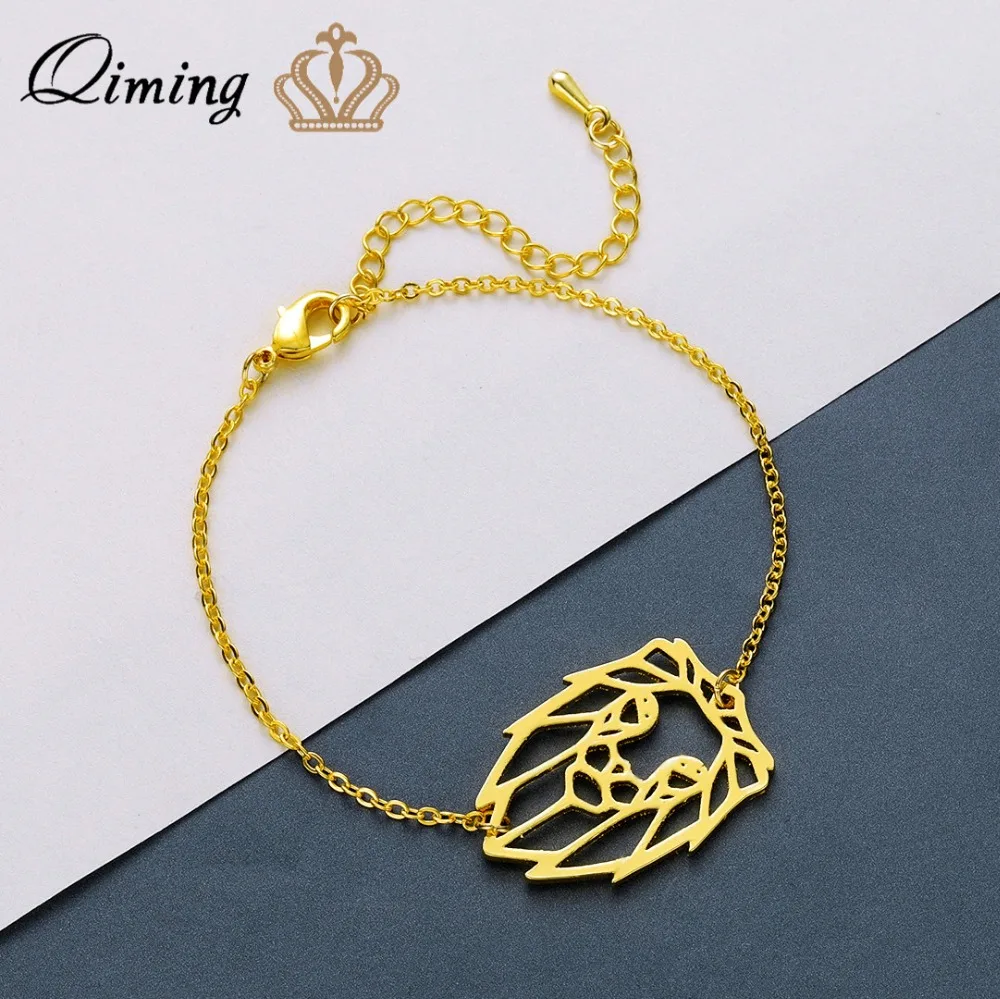 

QIMING Golden Punk King Lion Bracelets For Women Men Vintage Style Hollow Animal Zodiac Gift Stainless Steel Jewelry Bangle