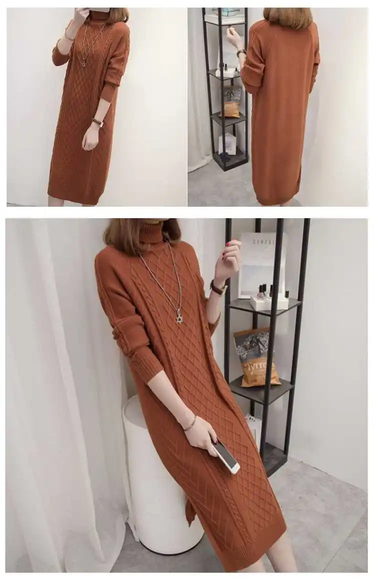 New Fashion Autumn Winter Women Knitting Middle Long Dresses Female Turtleneck Long Sleeve Warm Thick Dresses Pullovers F15