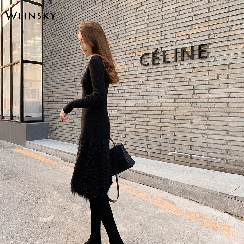 Women Knitted Sweater And Pullovers Korean Fashion Style Dress Winter And Autumn New Solid Knitted Dress