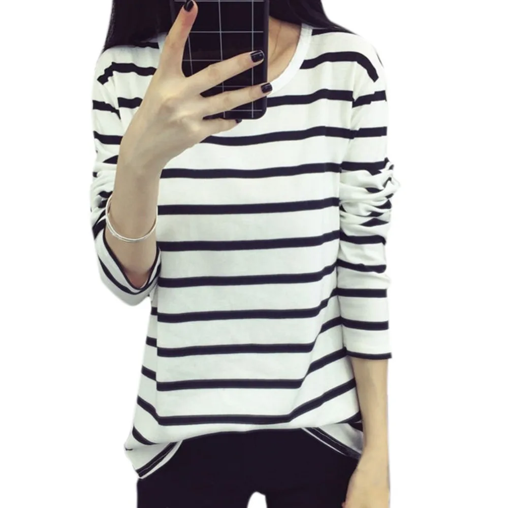 

Fashion Autumn Shirt Stripes Hoodies for Women Sweatshirts Casual Navy Black White Striped Thin Bottoming T-shirts