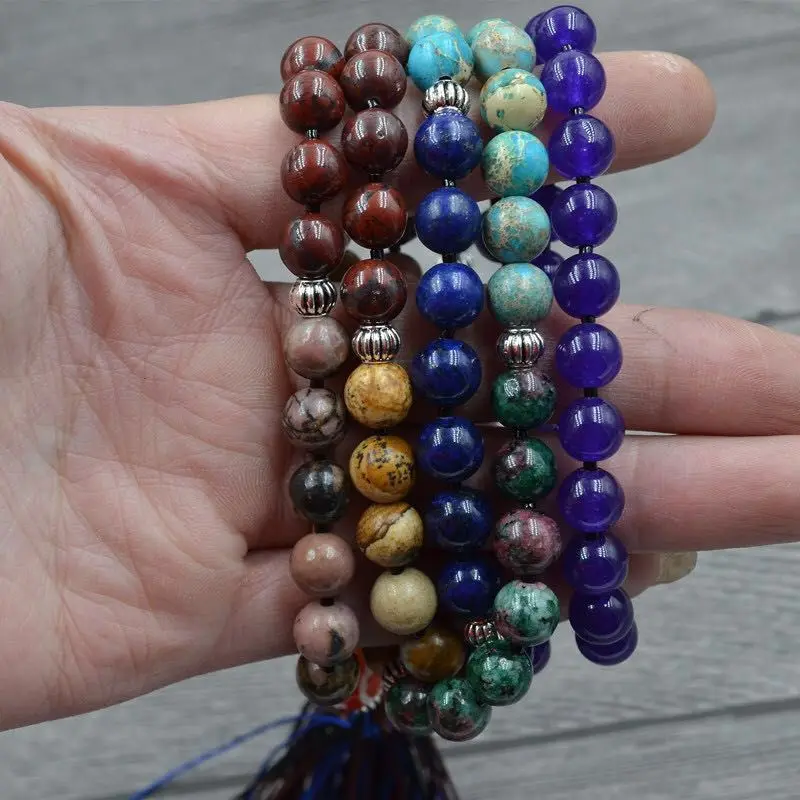 7 Chakra Mala Unique 8MM Natural Stone Long Tassel Necklace Women Meditation Necklace Knotted Bead Yoga Jewelry