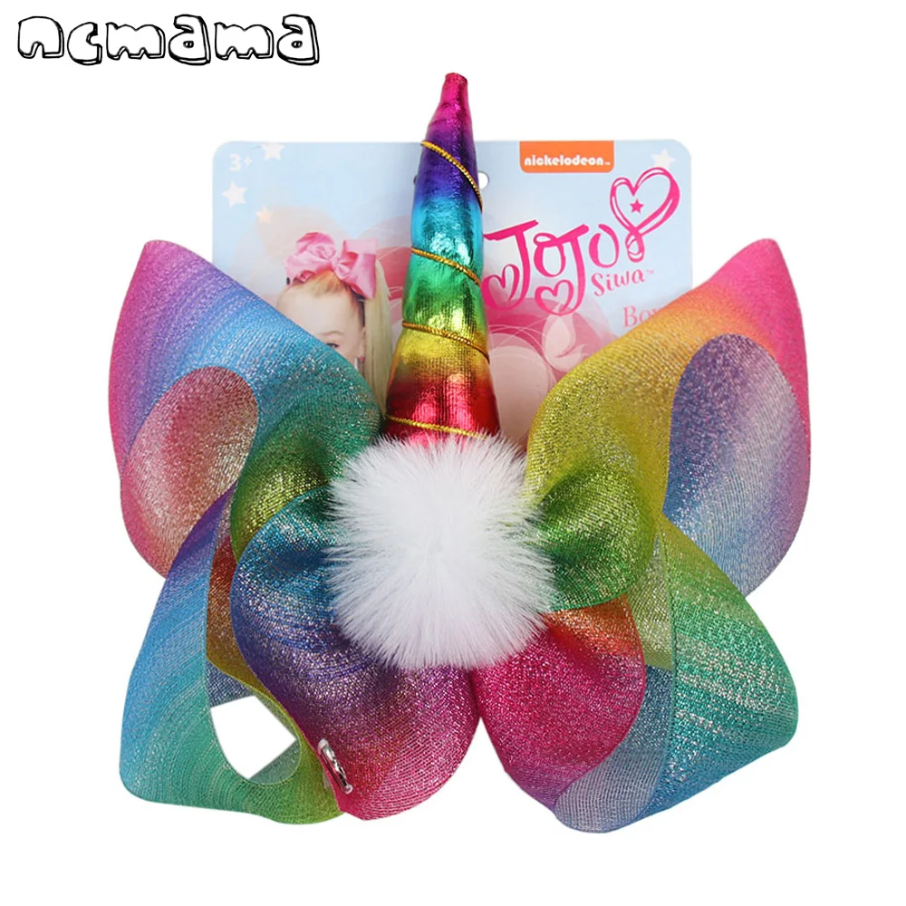 

ncmama Hair Accessories 8" Large JO JO Hair Bow for Girls Hair Clips with Cute Unicorn Rainbow Yarn Ribbons Pompom Kids Headwear