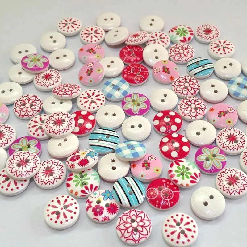 

100Pcs 2 Holes Mixed Printing Round Pattern Wood Buttons Scrapbooking 15mm Diy Sewing Buttons