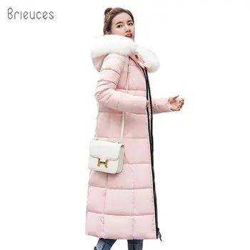 

Brieuces Plus size 3XL fur hooded winter jacket women solid padded X-long parka warm thicken womens coat high quality female